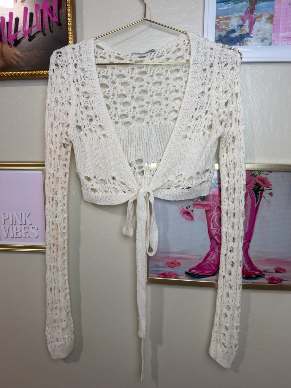 I.AM.GIA White Crochet Tie Front Crop Cardigan Open Knit Cover Up XS